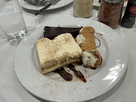 Flourless chocolate cake, cannoli, tiramisu