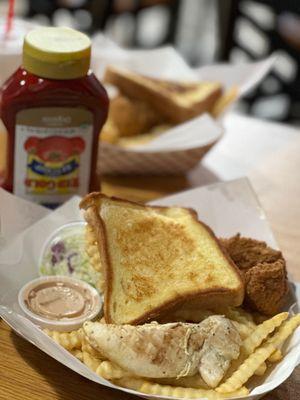 Grilled and fried chicken, fries, slaw, and Texas toast (organic ketchup!)