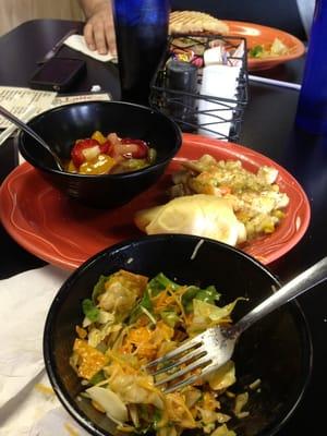 Chicken pot pie, fruit salad, and their southern salad