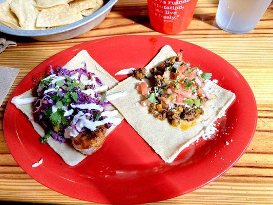 Grilled shrimp and potato & chorizo tacos with the famous square tortillas