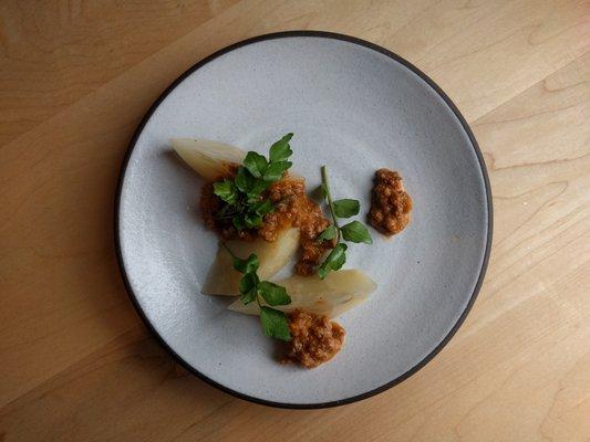 Poached Celeriac, Wild Watercress, Milk Braised Beef Rib