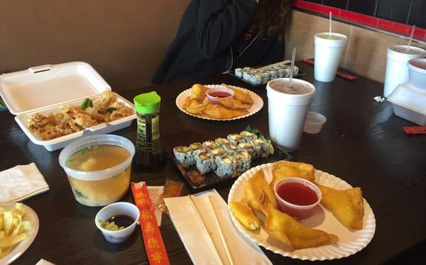 Calamari, crab Rangoon, Philadelphia roll & hot & sour soup