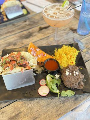 Pork belly taco, Birria taco with "making it a platter" of rice & beans