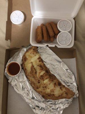 Medium Size Calzone with Mozzarella Sticks to go.