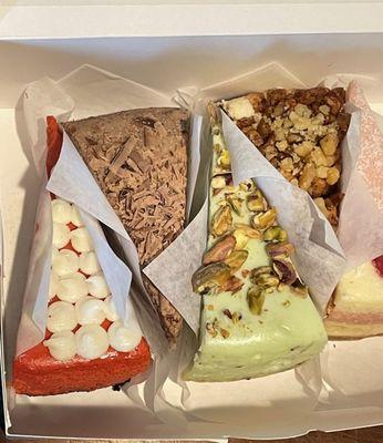 Red Velvet, Mocha, Pistachio, Apple Crunch, Raspberry White Choco and Strawberry Shortcake