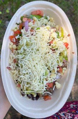 Burrito Bowl: Carnitas, Black Beans, White Rice, Fajitas, Cheese, Guacamole, Roasted Chili-Corn and Pico De Gallo