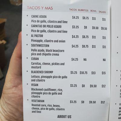 Menu as of July 2022