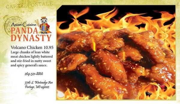 Volcano Chicken $10.95. A new and delicious dish, come to Panda Dynasty to enjoy.