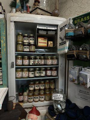 Vintage fridge filled with pickled goods