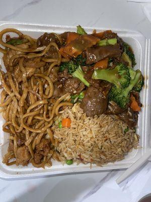 Chicken chowmein, bbq pork fried rice and beef broccoli