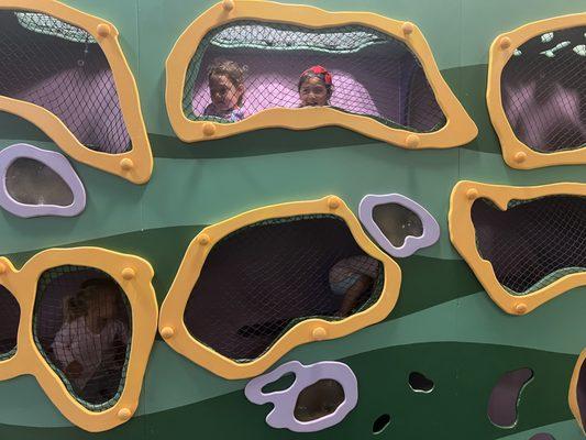 The Wiggle Wall is a three-tiered crawl through climber, perfect for littles!