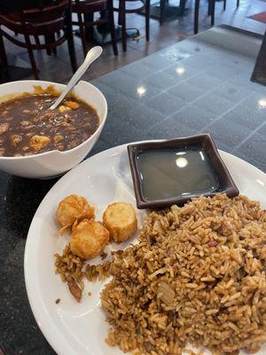 Shrimp with lobster sauce, pork fried rice, and fried shumai