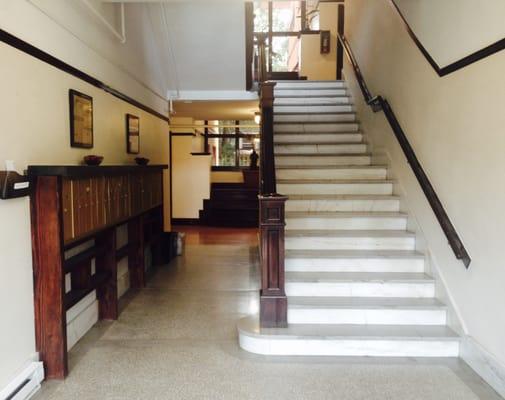 The granite entry hall is a beautiful display of craftsman design. The hardwood details lend a rich warmth to the building.