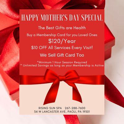 Happy Mother's Day Special
The Best Gifts are Health
Buy a Membership Card for you Loved Ones
$120/Year