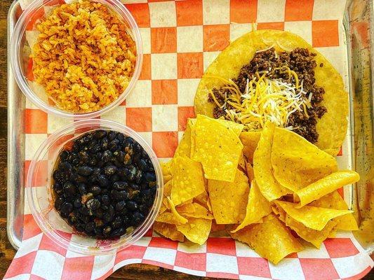 Kids Beef and Cheese Taco Rice, black beans, chips and salsa