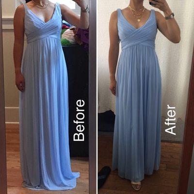 Before (left) and after (right) dress was hemmed (left). Very happy w/ the results.