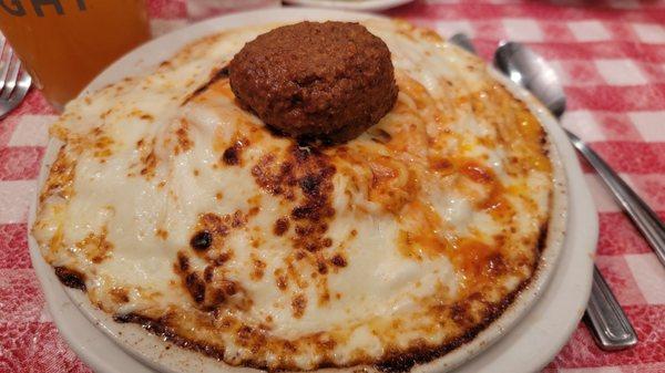 Spaghetti Parmesan (small) with a meatball [additonal small fee]: What a delicious dish!  The dome of melted mozzarella is awesome