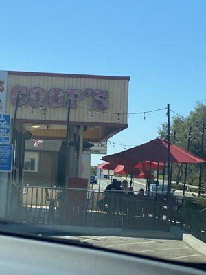 Coop's BBQ GOOD TASTY  a Pick- Nick on a benchy nice Trolley view I had Brisket sandwich my Sweet   the Combo good portions affordable $$