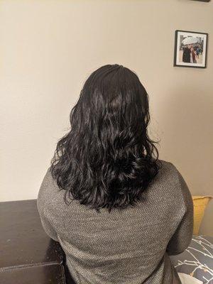 My hair cut after I washed and air dried it with no product. Love the shape and volume! It feels so healthy and soft too!