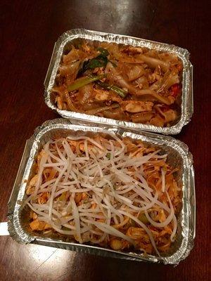 Chicken drunken noodles and chicken pad Thai take out