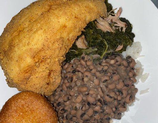 Red Snapper, black eye peas, greens with Turkey meat and honey butter cornbread