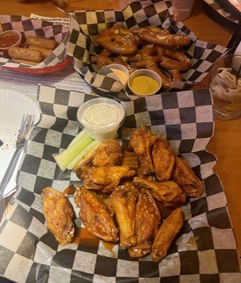 Wings, pretzels, and mozzarella sticks.