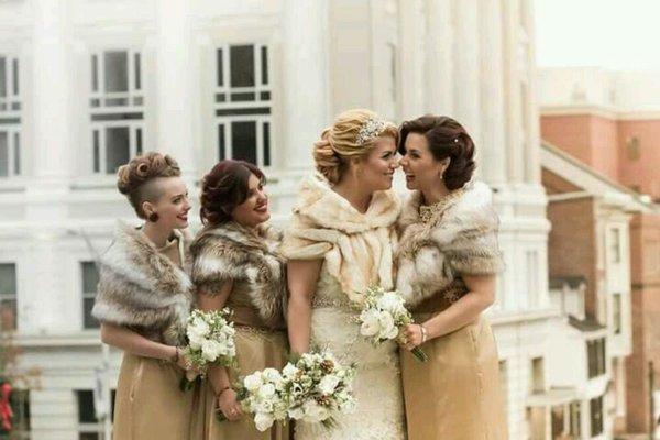 Gold custom SHEILA FRANK bridesmaid dresses.