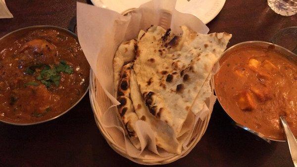 Prawn curry, naan, paneer tikka masala