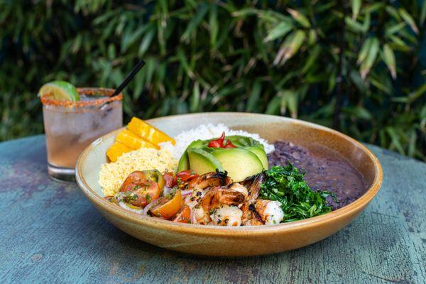 Gluten Free Shrimp Bowl - rice, beans, collard greens, roasted corn farofa, avocado and orange