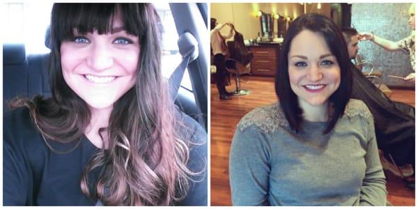 Beautiful ombre and great bangs on the left, great color and a 9" cut both done by Kaity!