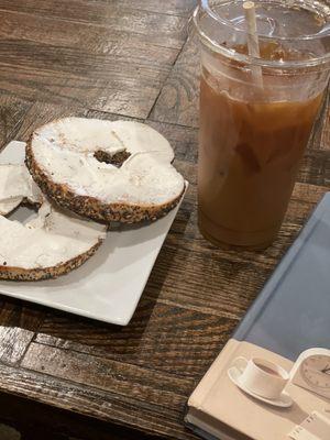 Everything bagel with cream cheese and a large iced coffee