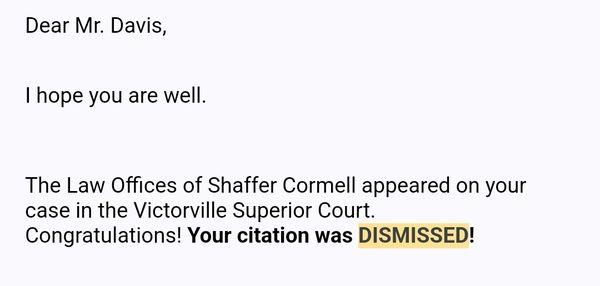 A screenshot showing a small portion of the last email I received from their office letting me know my traffic citation was dismissed.