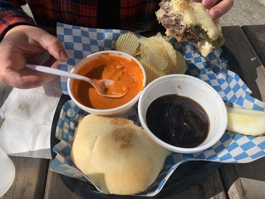 Philly Steak, pickle, chips and Creamy Tomato Soup...