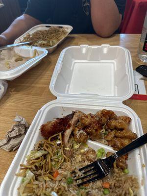 Combination plate, orange chicken, teriyaki chicken, chow mein, and rice.  My son had all chow mein.