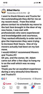 Customer loves our Movers