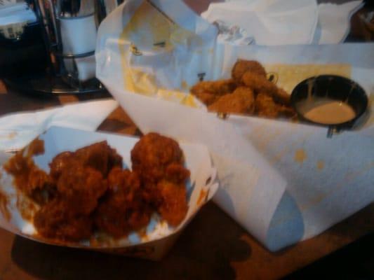 Hot Hot Hot Boneless wings and Fried Pickles. Delish!