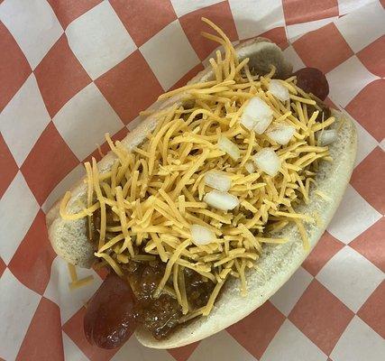 $5.49 Pecan-smoked 100% premium beef hot dog, Chili, cheddar cheese, mustard, onions. Make-it-a-combo with BBQ Beans and a drink. +$3