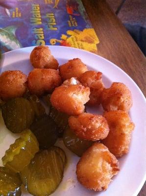 Hush puppies & pickled vegetables (only cucumbers shown here)