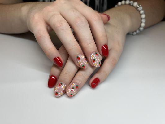 Spring and strawberries; soft gel overlay with level 2 (4 nails) art