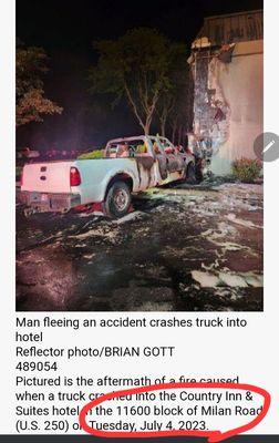 News article stating that the hotel caught fire 2 months ago.