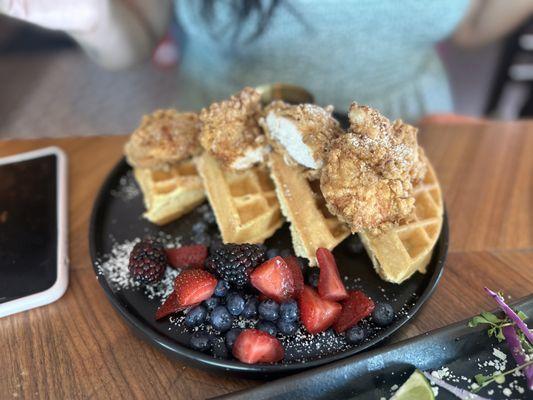 Chicken and waffles. Love the portion size!