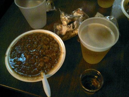 It's 6am on a Cyclone Gameday! Chili, a tequila shot, and a beer.