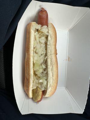 All beef hot dog with natural casing.  Onions and mustard.  Great snap and great tasting dog.