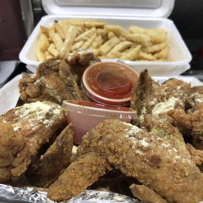 How are famous Whole wings with fries your choice of sauce with our famous lemon pepper seasoning