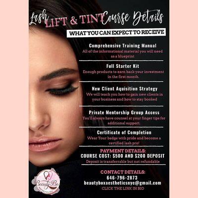 Lash Lift & Tint - Come learn one of the hottest trends in the Beauty Industry  !! We offer Private 1 on 1 Classes. Get Certified