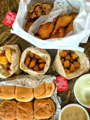 Chicken and shrimp combo, chicken strips, sweet corn nuggets, popcorn chicken, mash potatoes and gravy.