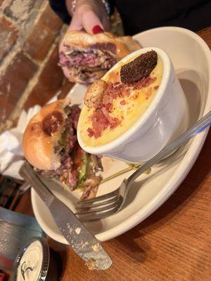 Medium rare mushroom Swiss with potato soup