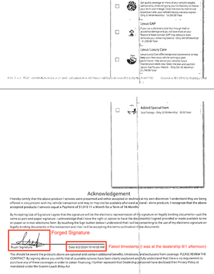 Forged signature with timestamp indicating it was signed when the dealership is closed.