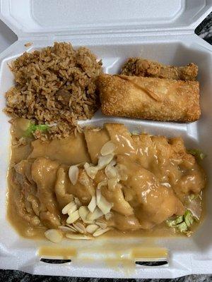 Almond Boneless Chicken combination dinner (comes with soup, ckn wing, pork fried rice & an egg roll.)