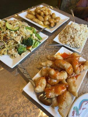 Sweet and Sour Chicken, Pork Fried Rice, Orange Chicken, chicken lo mein